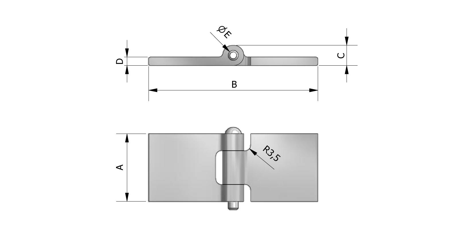 Dessin technique - Charnière à souder en inox avec goupille en inox avec numéro de référence 369612