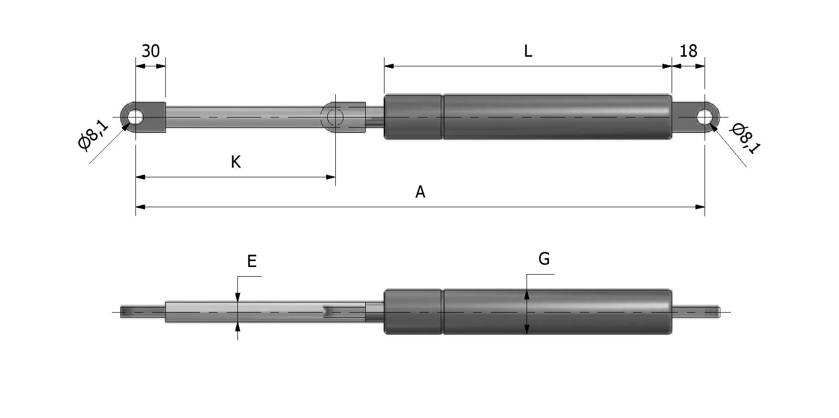 Technische Zeichnung von Gasfeder ø10 - ø22 - Auge 30/18 Mit Referenznummer 845210