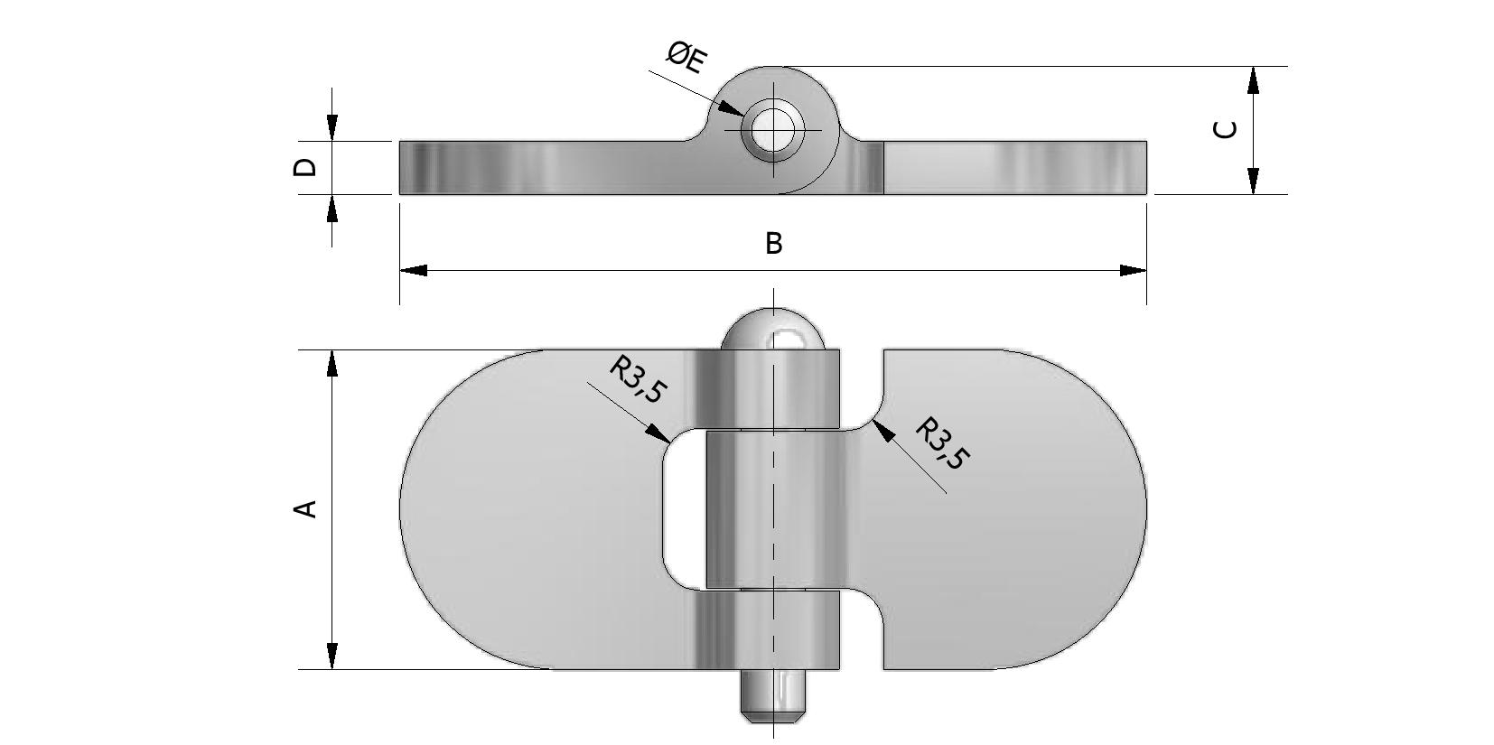 Dessin technique - Charnière à souder arrondie avec goupille, ailes à plat avec numéro de référence 300501