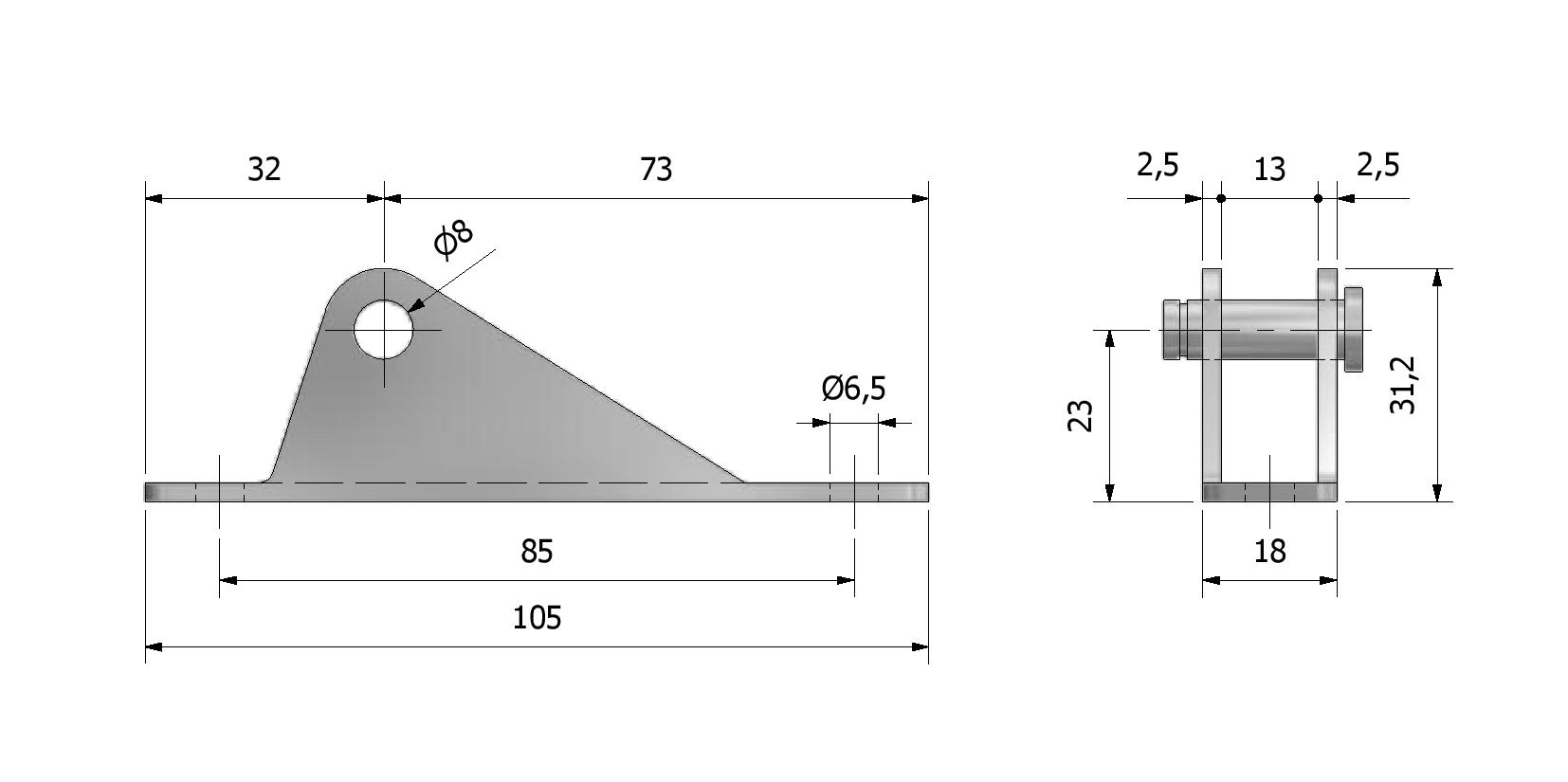 Dessin technique - Support pour vérin à gaz, axe ø8, 105x18 avec numéro de référence 870045