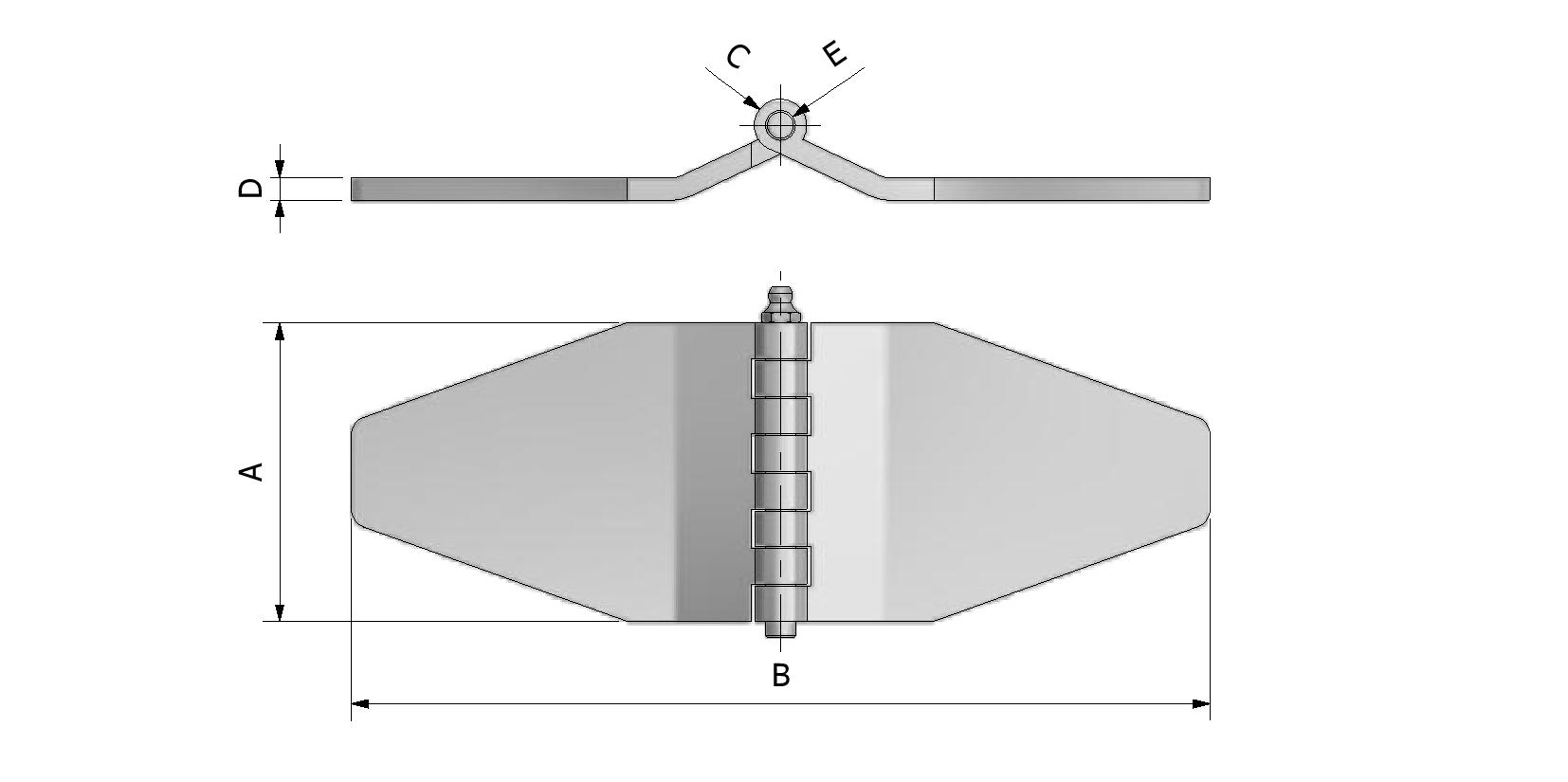 Dessin technique - Charnière à graisseur, modèle papillon, version large, sans trous avec numéro de référence 303660