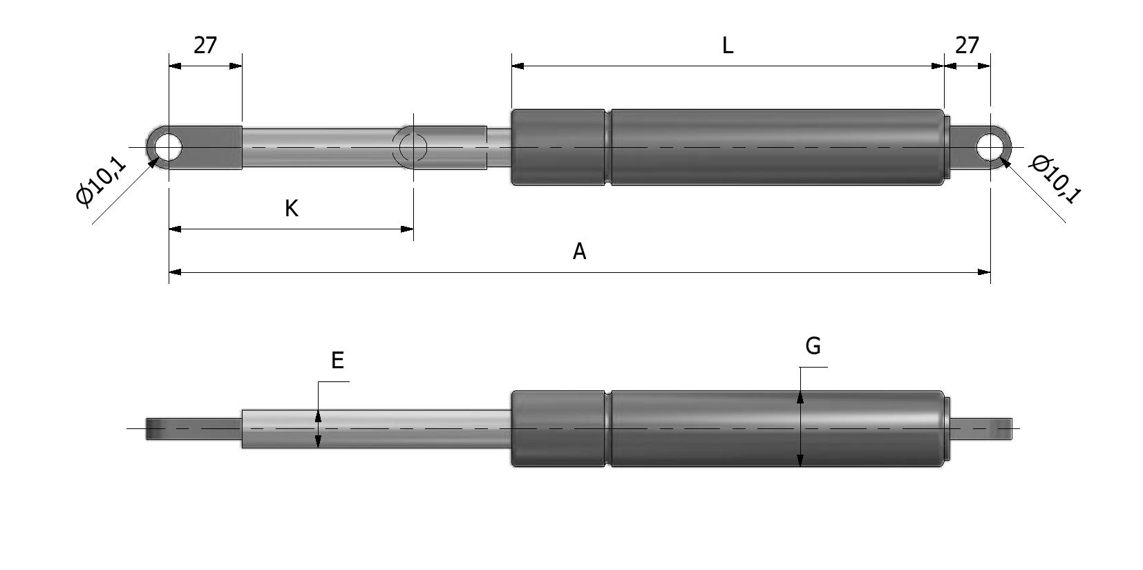 Technische Zeichnung von Gasfeder ø14 - ø28 - Auge 27/27 Mit Referenznummer 854210