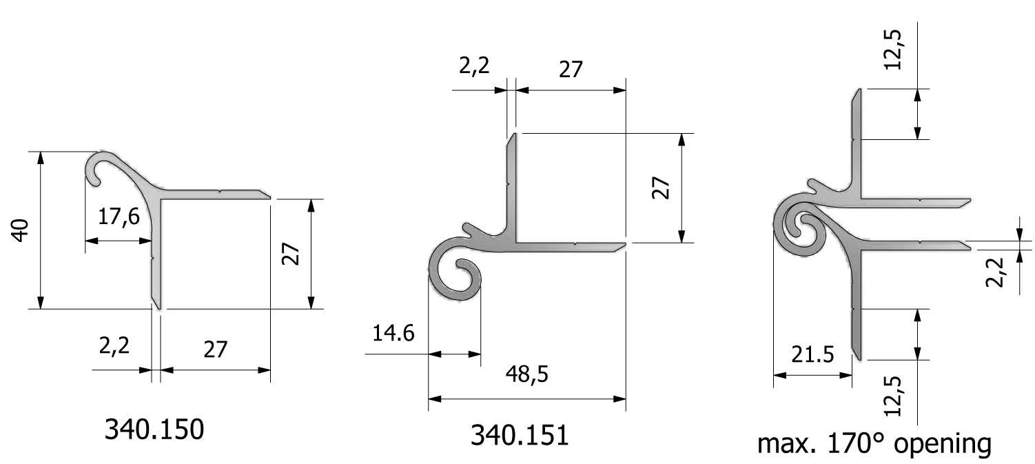 Dessin technique - Charnière profil imperméable, partie mâle avec numéro de référence 340150