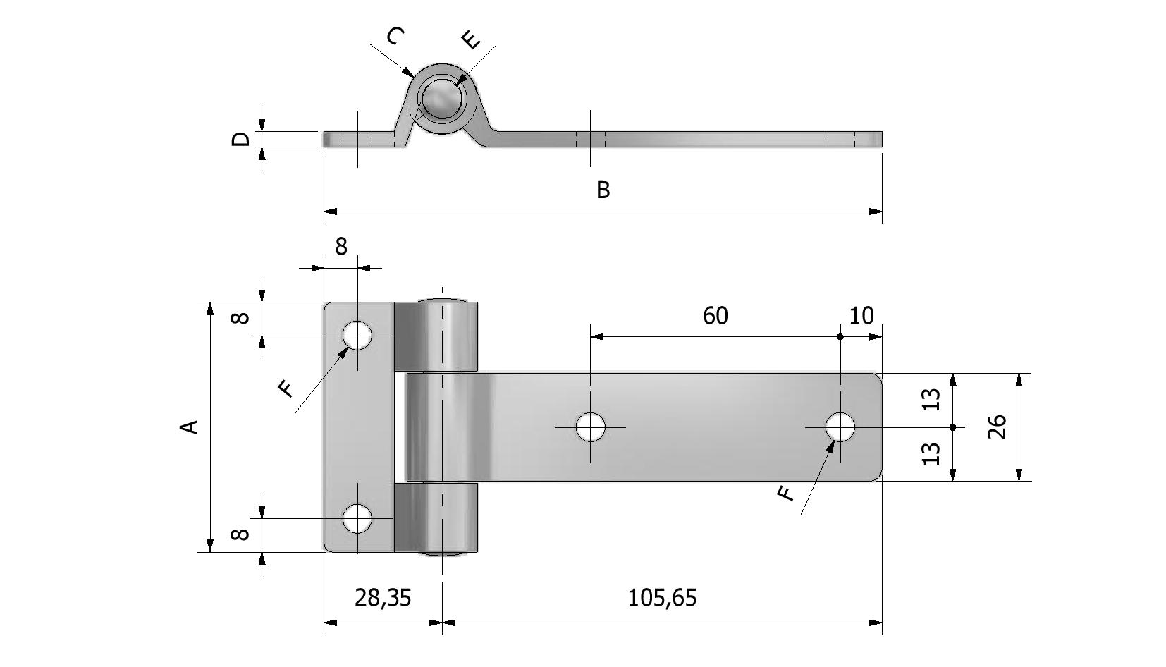 Technische tekening van Zijdeurscharnier, dikte 4mm, 66x134 met referentienummer 330310