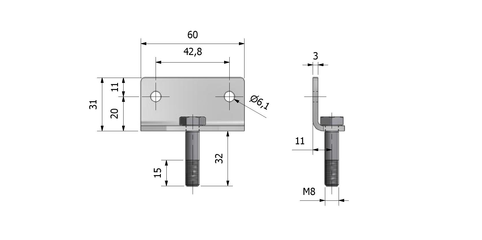 Dessin technique - Support pour vérin à gaz, L-modèle M8 avec numéro de référence 870020