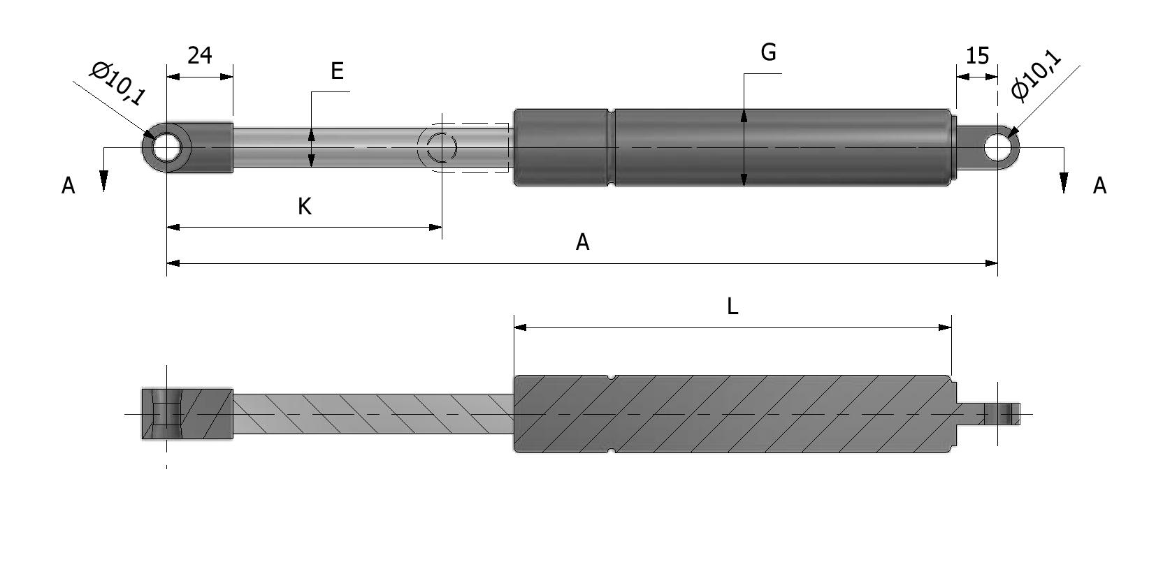Dessin technique - Verin à gaz ø14 - ø28 - oeil 24/15 avec numéro de référence 814105
