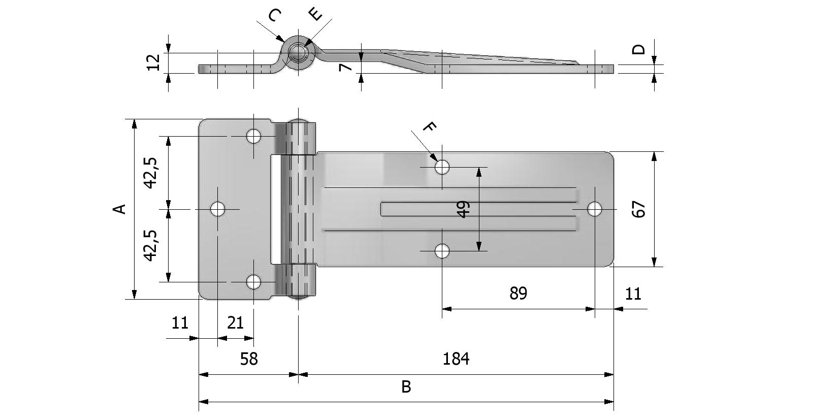 Technische tekening van Zijdeurscharnier, dikte 5mm, 105x242 met referentienummer 330330