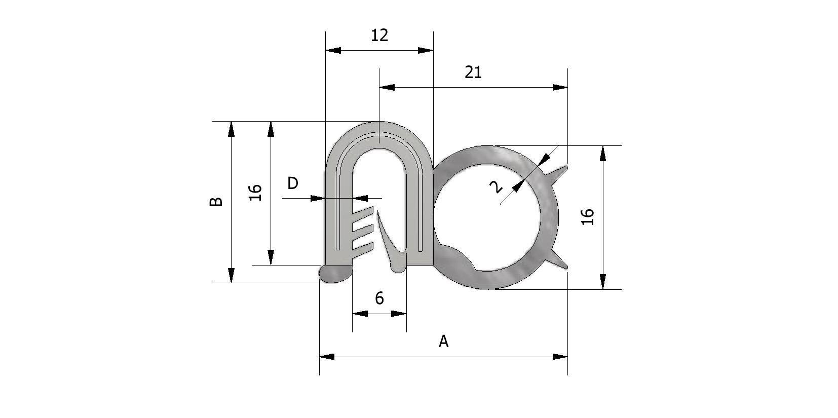 Technische tekening van Klemprofiel met zijdichting, klembereik 5-6mm met referentienummer 225367