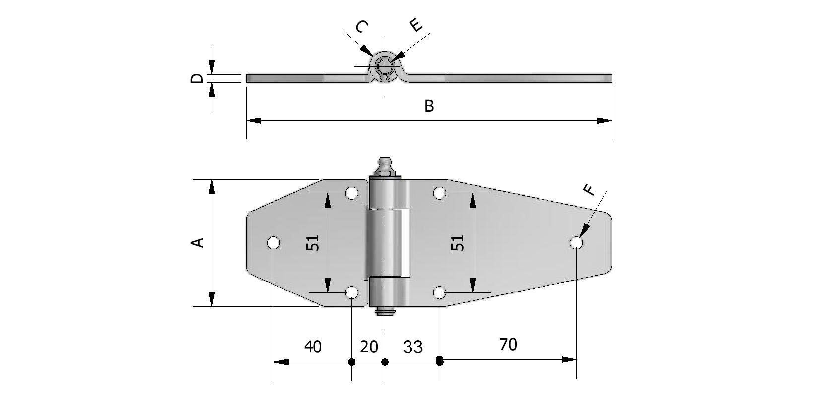 Charnière inox 65x70/117x2,5mm,6xø6,5  à graisseur
