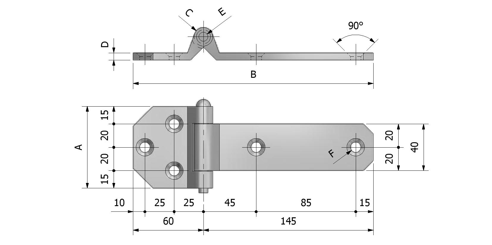 Technische tekening van Zijdeurscharnier, dikte 6mm, 70x205 met referentienummer 330315