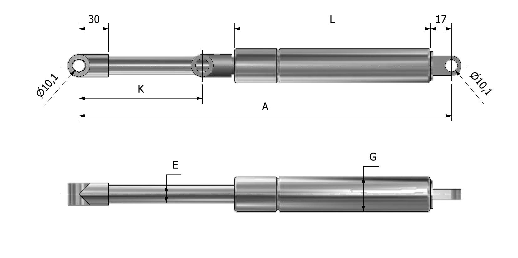 Technische Zeichnung von Gasfeder ø14 - ø28 - Auge 30/17 Mit Referenznummer 858027