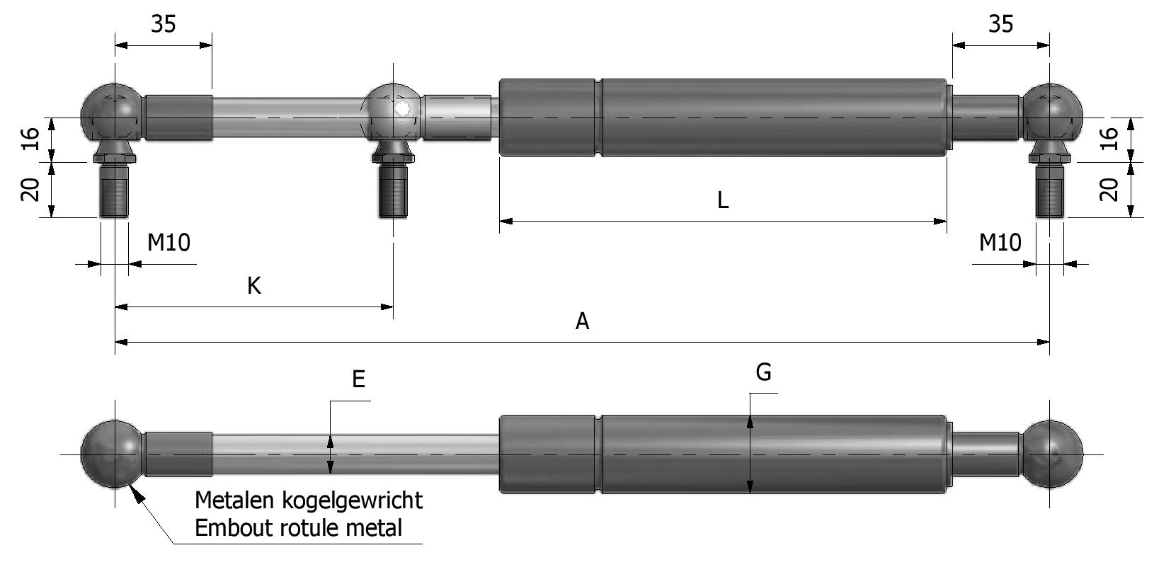 Technische Zeichnung von Gasfeder ø14 - ø28 - Kugelgelenk - schwarz Mit Referenznummer 815105