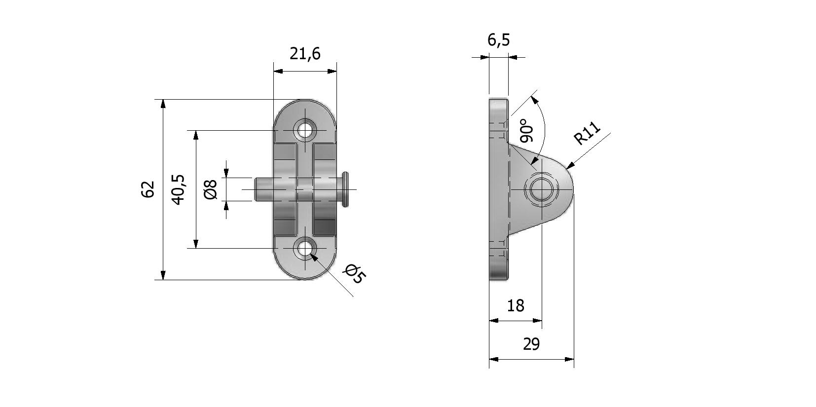 Dessin technique - Support pour vérin à gaz, axe ø8, 62x21,6 avec numéro de référence 870032