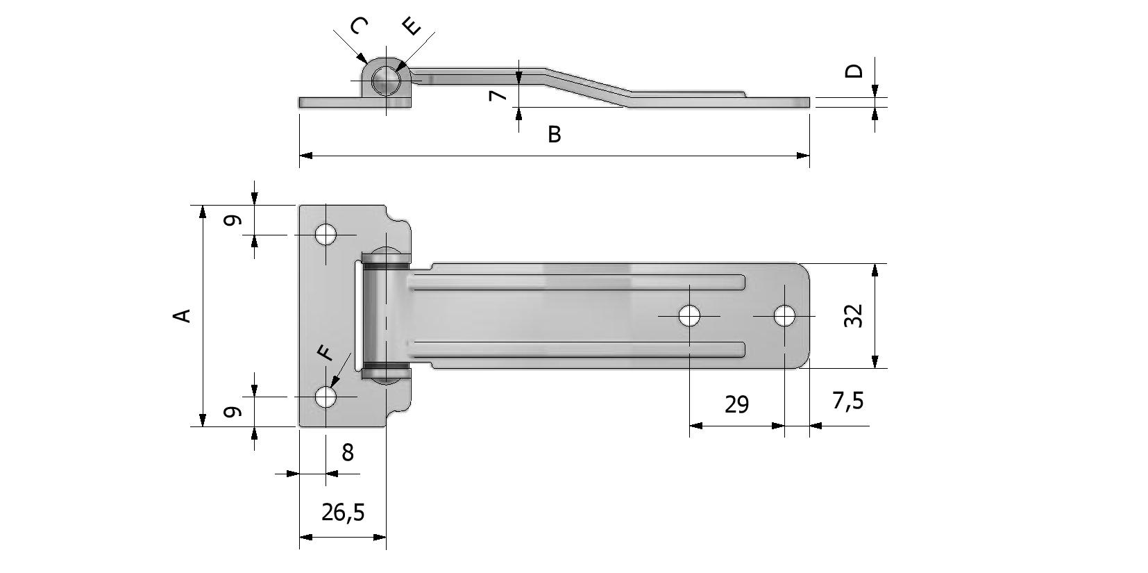 Technische tekening van Zijdeurscharnier, dikte 3mm, 67,5x130 met referentienummer 350011