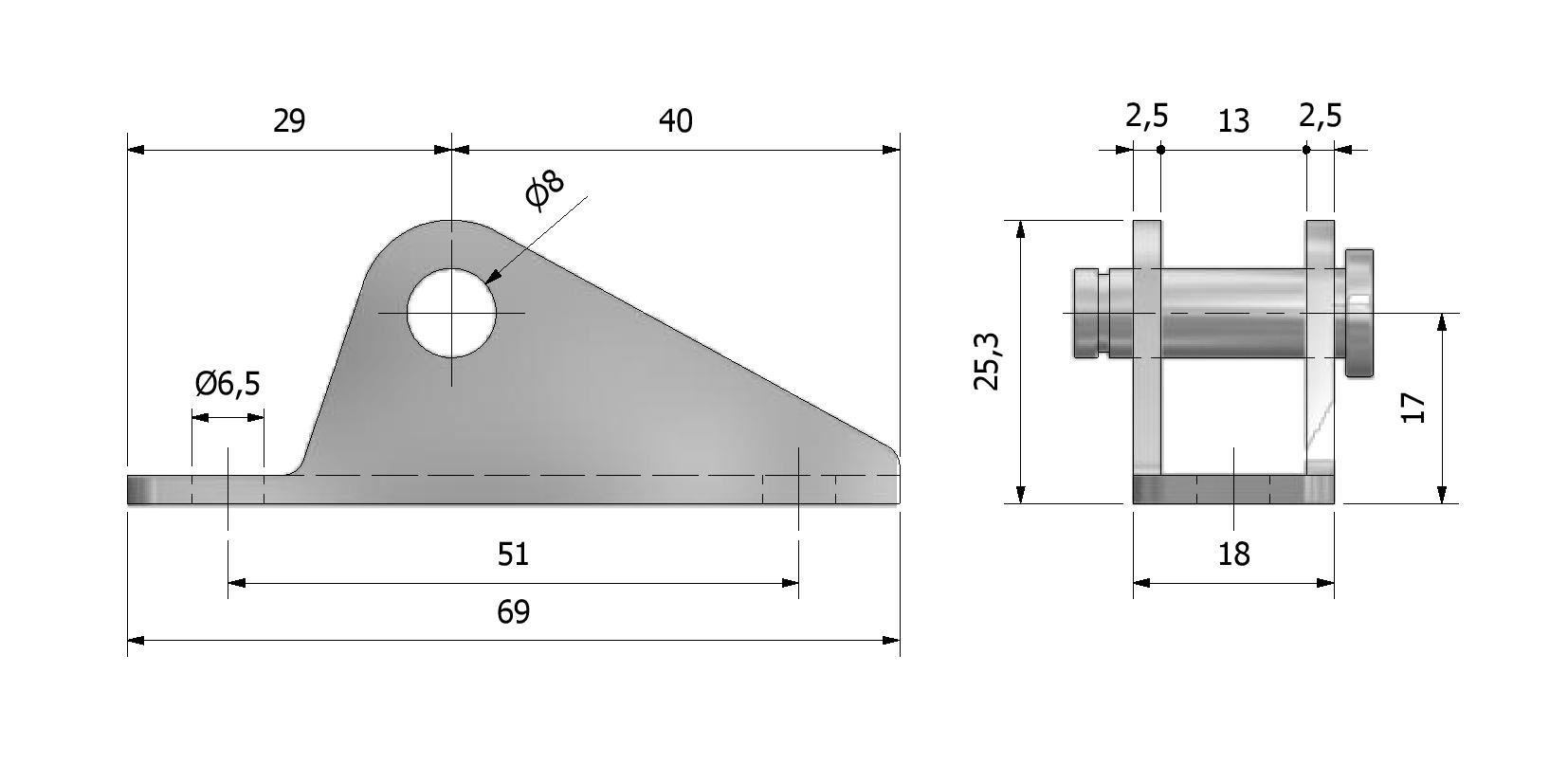 Dessin technique - Support pour vérin à gaz, axe ø8, 69x18 avec numéro de référence 870040