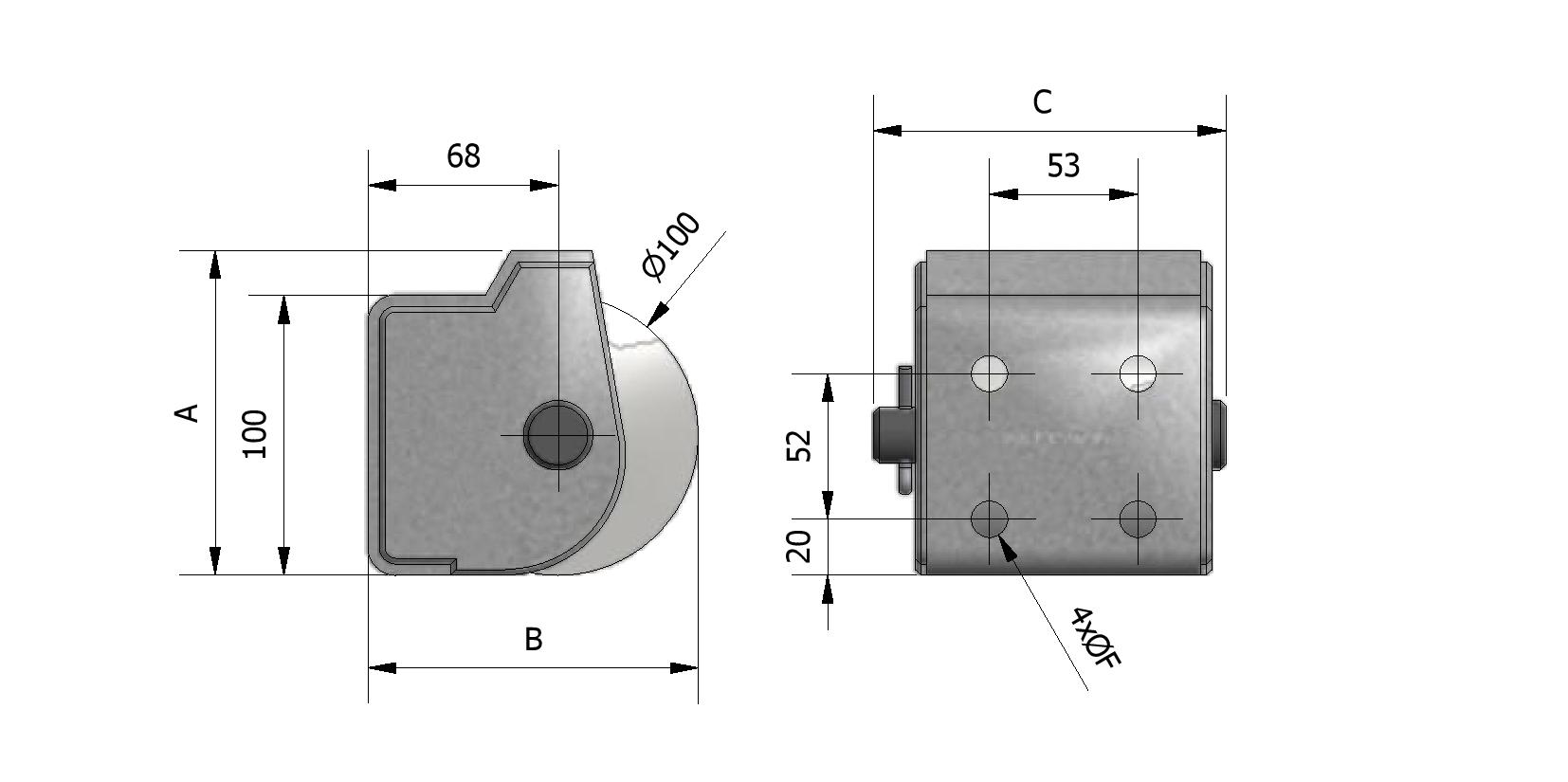Dessin technique - Butoir horizontal avec support en acier zingué à 1 rouleau en caoutchouc avec numéro de référence 250400