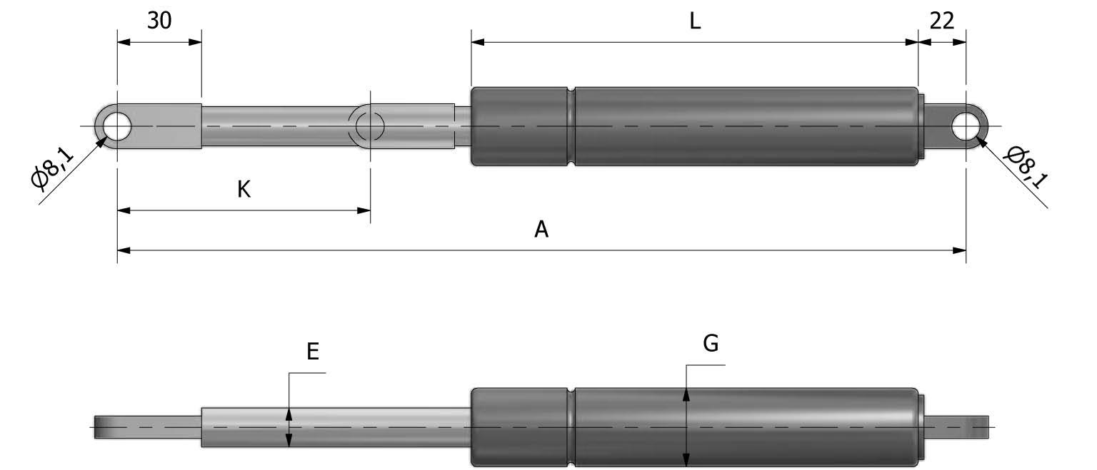 Technical image of Gas spring ø14 - ø28 - eyelet 30/22 with reference number 845315