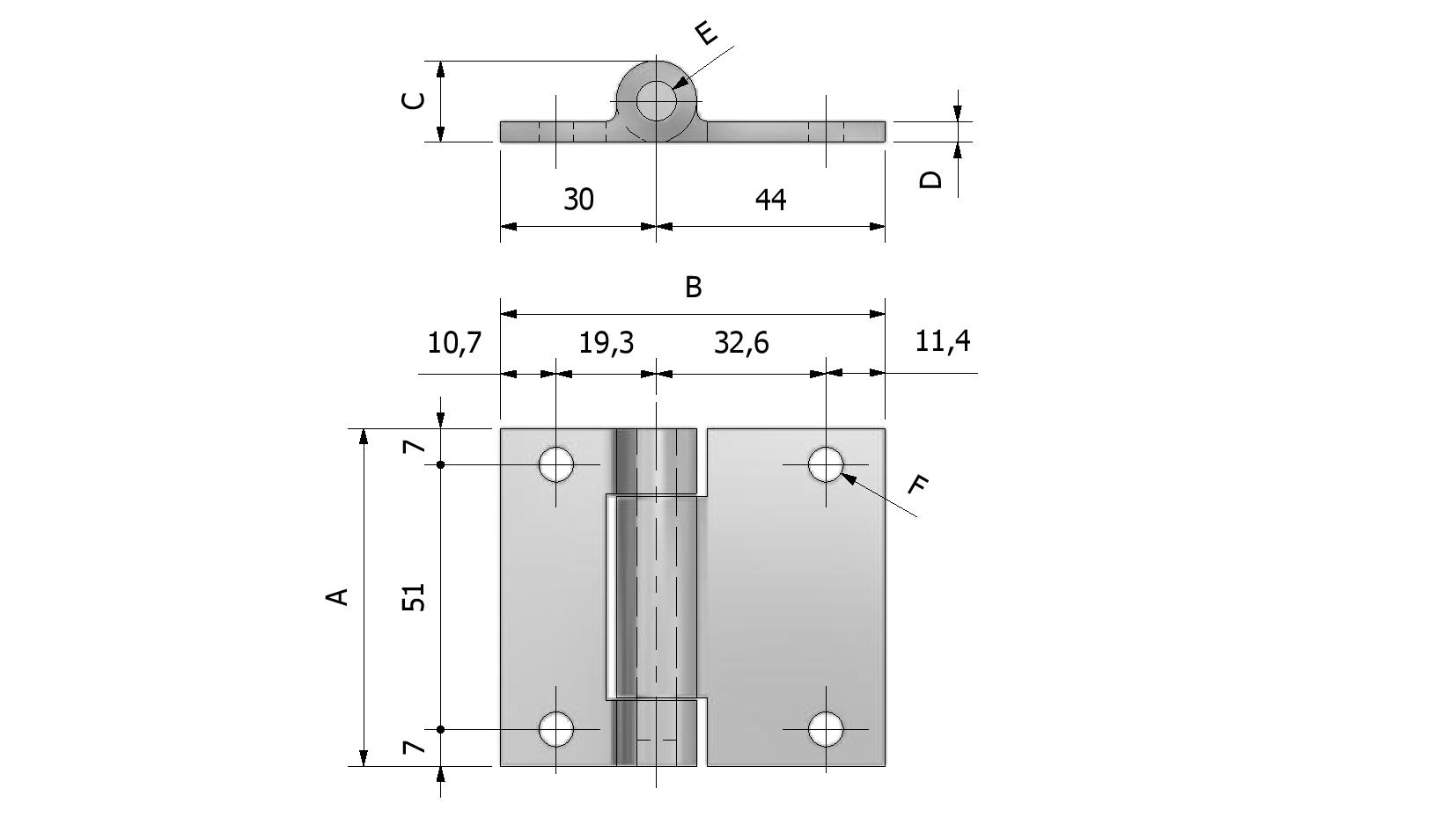 Technical image of Rolled hinge, gauge 4mm, 65x74 with reference number 350060