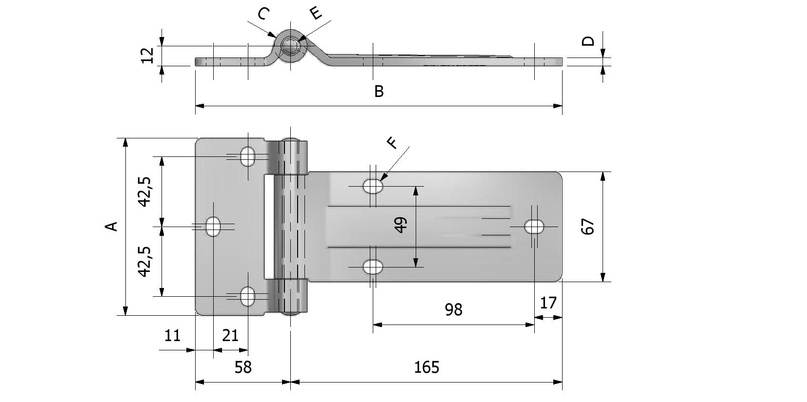 Technische tekening van Zijdeurscharnier, dikte 5mm, 108x223 met referentienummer 330350